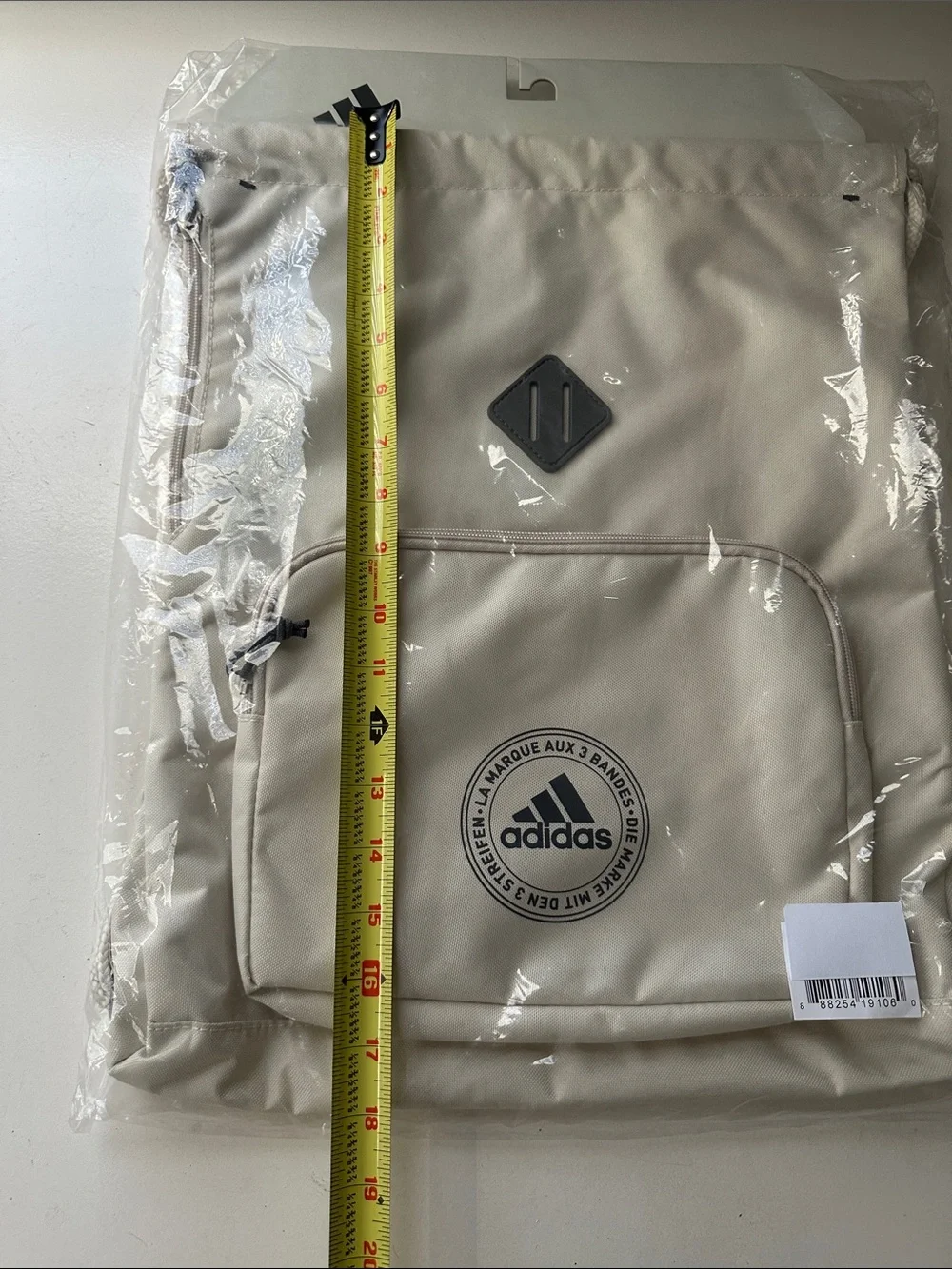 Adidas Beige Drawstring Gym Backpack with Front Zip Pocket
